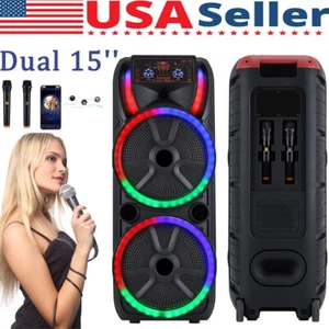 Dual 15'' Portable Bluetooth Speaker, PA Loud Speaker Systems w/ 2 Wireless Mic - Picture 1 of 16