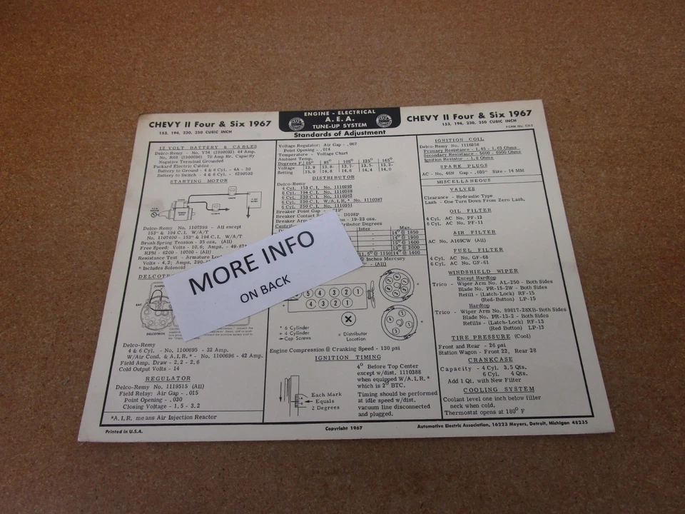 1967 Chevrolet Chevy II V6 250 230 engine AEA tune up chart spec sheet ORIGINAL Foto 1 de 1