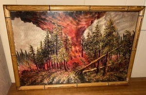 Vintage Japanese Silk Embroidery The Forest Fire Framed Original Bamboo & Glass - Picture 1 of 17