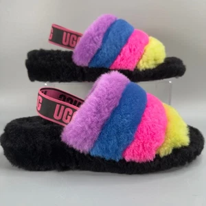 Uff Fluff Yeah Slide Stripe Womens 8 Slip On Loafer Black Bright Rainbow Slipper - Picture 1 of 18