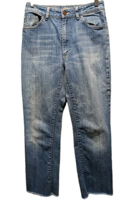 Pantalones de mezclilla para mujer Acné 27x28 azules ajustados rectos tiro medio cremallera dobladillo crudo mosca Foto 1 de 4