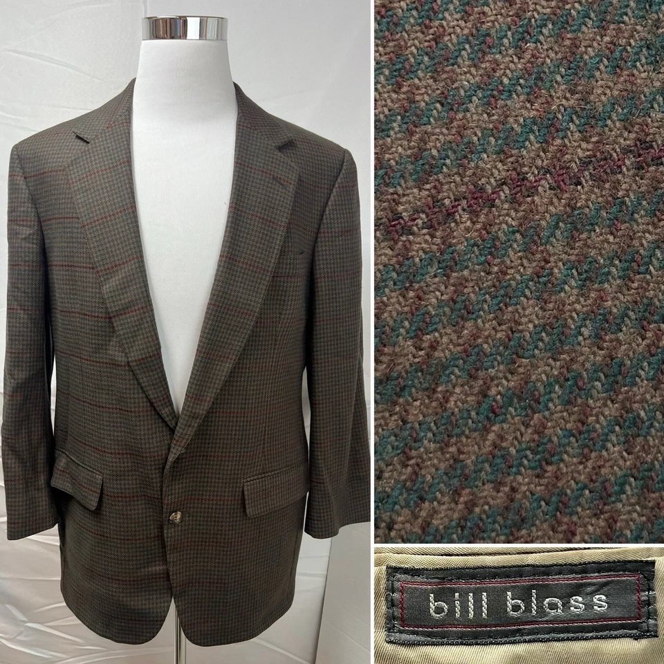 Chaqueta Blazer Abrigo Deportivo Vintage Bill Blass Para Hombre 42R Marrón Verde Tweed a Cuadros Foto 1 de 4