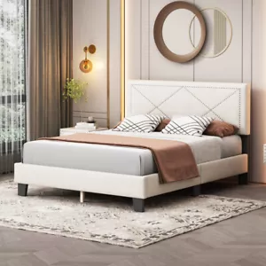 Queen Size Upholstered Bed Frame with Rivet Design, Velvet Platform Bed, Beige - Picture 1 of 10