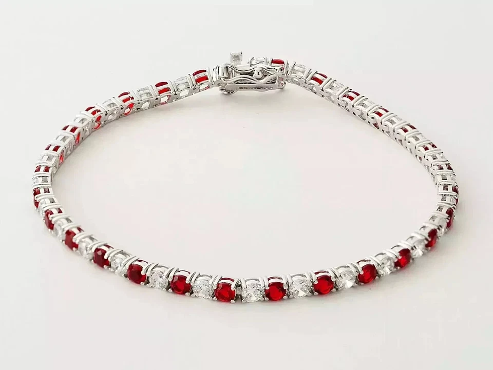 3MM Lab Created 8CT Round Ruby Diamond Tennis Bracelet 14K White Gold Plated 7" - Image 1 of 4
