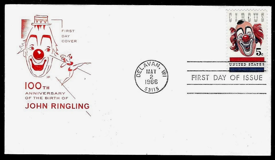 1309 5c Stamp (1966) RBBB CIRCUS & RBBB CLOWN LOU JACOBS FDC - House of Farnam - Image 1 of 1