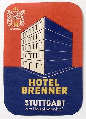 Дорожная этикетка на багаж отель Brenner Штутгарт Германия 1940-е 3 x 4,25 дюйма - Изображение 1 из 2