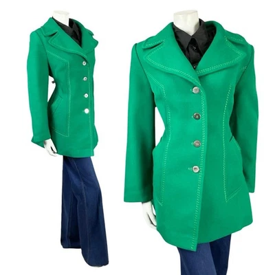 VTG 60S 70S GREEN WOOL MOD CONTRAST STITCHING NOTCH LAPEL COLLAR COAT 14 - Image 1 of 4