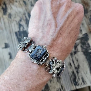 Roman Lion Is bracelet silver tone Green brown black Vintage style Costume - Picture 1 of 14