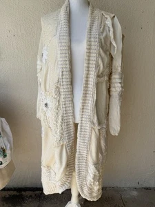 Vtg Vintage 1980s Designer Knit Patchwork Beaded Boho Cottage Core Duster Cache - Picture 1 of 11
