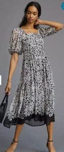 Vestido midi para mujer Anthropologie cuello cuadrado calado floral blanco negro XL - Imagen 1 de 12