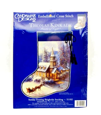 Vtg 1998 Thomas Kinkade Sunday Evening Sleigh Ride Stocking Cross Stitch Kit NEW - Image 1 of 3
