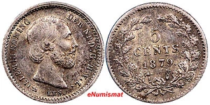 Niederlande Wilhelm III Silber 1879 Breitaxt 5 Cent vz Auflage - 200.000 KM#91(8) - Bild 1 von 3