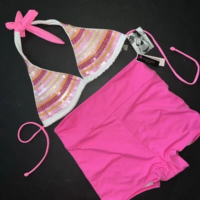 Victoria's Secret triangle S BIKINI high-waist boyshort bottom PINK sequin white - Image 1 of 3