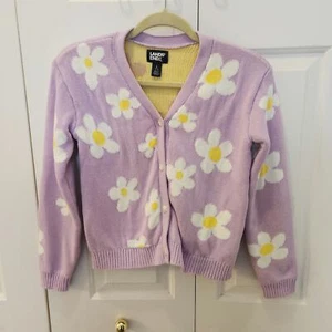 Lands End Girls V Neck Button Cardigan Sweater Purple with White Flowers Yellow - Picture 1 of 9