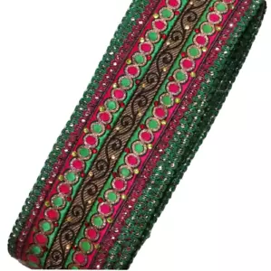 7.5cm pink green gold crystal embroidered ribbon applique trimming Indian - Picture 1 of 1
