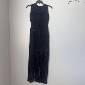 Damen-Midikleid groß schwarz Fransen formell lang durchbrochen transparent Rundhalsausschnitt - Bild 1 von 9