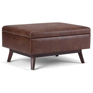 Simpli Home Owen Faux Leather Storage Coffee Table Ottoman in Saddle Brown - Picture 1 of 6