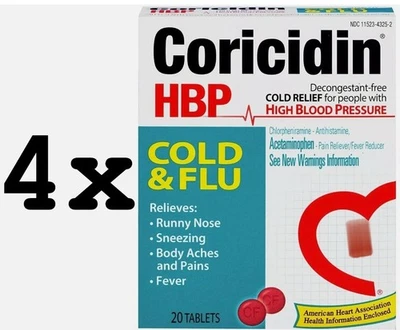 LOT of 4 Coricidin HBP Cold & Flu Relief Heart Health Support 20 ct Total 80 - Image 1 of 4