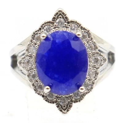 Шикарные женские помолвочные серебряные кольца с настоящим синим сапфиром и фианитами 9,0 - Изображение 1 из 3