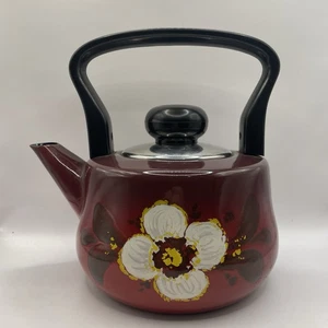 Vintage Mid Century Red Flower Pattern Enamel Teapot Kettle Asta German Retro - Bild 1 von 7