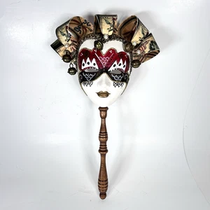 Venetian Hand Painted Jester Gala Mask on Wooden Stick 11.5" Tall ARTIST SIGNED - Picture 1 of 16