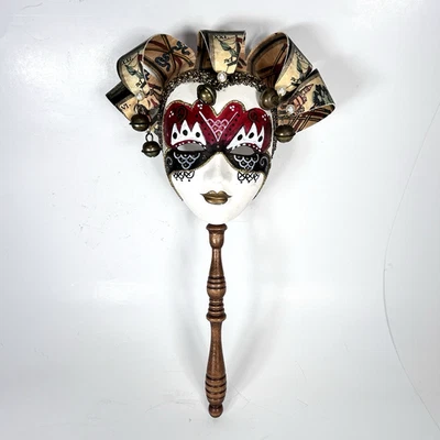 Venetian Hand Painted Jester Gala Mask on Wooden Stick 11.5" Tall ARTIST SIGNED - Image 1 of 4