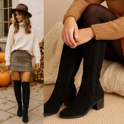 Vince Camuto Braided Leather Suede Tall Over The Knee High Boots Black 5.5 NEW - Image 1 of 4