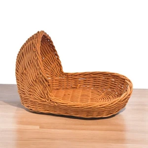 Vintage handgewebte Wiege Stubenwagen Korbgeflecht Rattan Holz Puppe Bär primitiv Hongkong - Bild 1 von 8