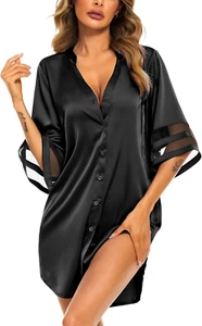 Women's Silk Satin Nightgown 3/4 Sleeve Sleepshirt S-XXL - Picture 1 of 12
