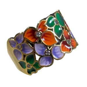 Anillo Esmalte 925 Talla 7 Flores Recortadas Oro Naranja Púrpura Verde Verano Otoño - Imagen 1 de 4