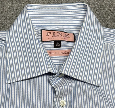 Thomas Pink Shirt Mens 16 41cm Blue White Striped Slim Fit Traveller Oxford - Image 1 of 4