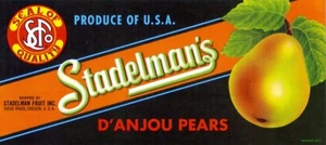 Etiqueta original de caja de pera Stadelman's Stadelman Fruit Inc Hood River Oregon - Imagen 1 de 1