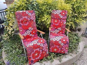 2 Chairs Long Or Deckchairs Folding Vintage 60-70 Pattern Flowers Armrests Wood