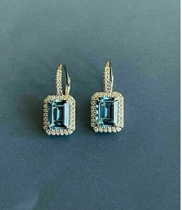 2 Ct Emerald Cut Lab Created Blue Topaz Drop/Dangle Earrings 14k White Gold Over - Picture 1 of 7
