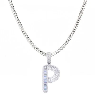 Collar Colgante Unisex Circonita Helada Baguette Plateado P Inicial 20" Cadena Cubana Foto 1 de 4