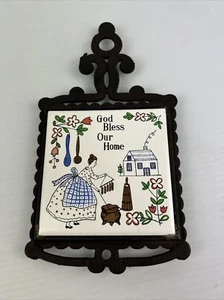 Tile TRIVET Vintage Wrought Iron God Bless Our Home Pot Stand Cooking Cottage - Picture 1 of 13