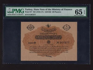 Turkey/Ottoman Empire:P-97, 20 Piastres, 1917 / 1332 * PMG Gem UNC 65 EPQ * - Picture 1 of 2