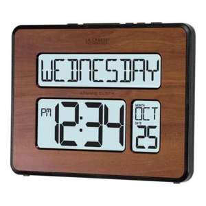Digital Clock Backlight Atomic Full Calendar Extra Large Digits Walnut Brown - Picture 1 of 5