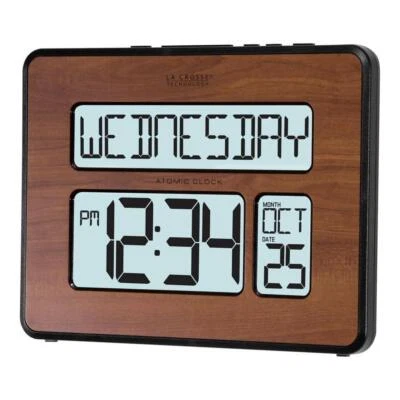 Digital Clock Backlight Atomic Full Calendar Extra Large Digits Walnut Brown - Image 1 of 4