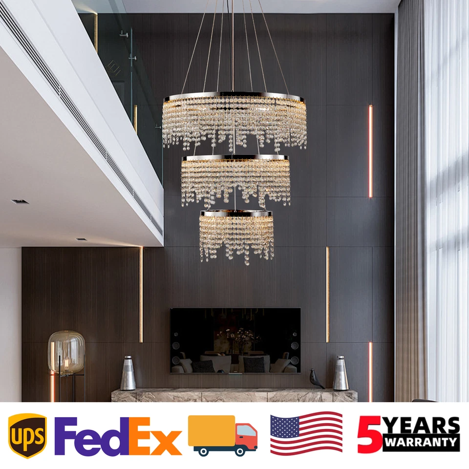 Candelabro de cristal moderno 24 pol. cromado luxo LED luminária pendente luminária de teto - Imagem 1 de 4