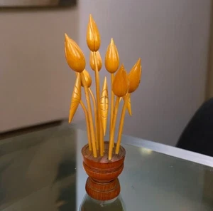 MCM Mid Century Modern 14”Wooden Floral Flower Hand Carved Arrangement Sculpture - Picture 1 of 11