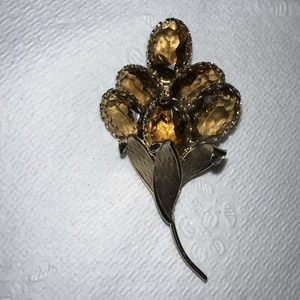Vintage großer ovaler Topas sechs Stein Brosche Pin Bernstein Gold Ton Nachlass - Bild 1 von 12