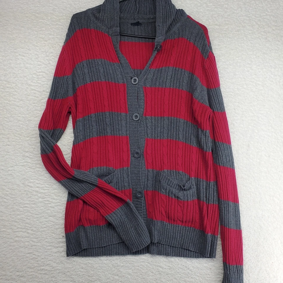 Womens Cardigan Sweater Hoodie Large Gray Red Striped Y2K Ribbed Knit Preppy - Image 1 of 4
