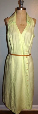 ESCADA Light Lime Green Linen V-Neck Wrap Midi Shirt Dress 42 10/12 - Image 1 of 4