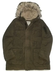 AMERICAN EAGLE Military Jacket Army Green Sherpa Lined Fur Hood Field Coat MD - Picture 1 of 15
