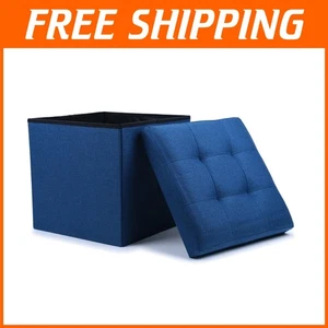 Functional Storage Ottoman Cube - 15x15 Linen Navy Foot Stool for All Rooms - Picture 1 of 9