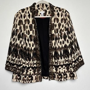 Chicos Brown Beaded Embellished Artisan Tribal Animal Print Open Jacket Sz 2 - Picture 1 of 7