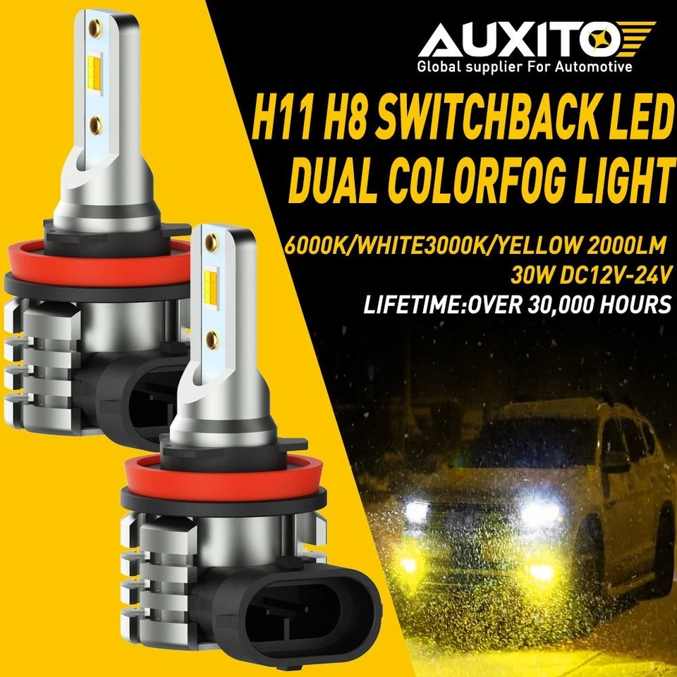 2X H11 Auxito H9 LED H8 Fog Driving Light Switchback 6000K White 3000K Yellow A2