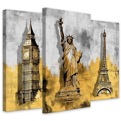 Leinwand Bilder Set Aufhängefertig 3 Bilder Big Ben FREIHEITSSTATUE Eiffelturm - Bild 1 von 4