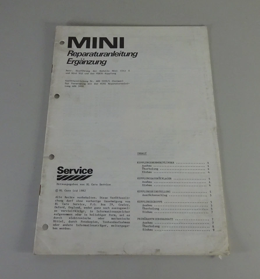 Nachtrag-Werkstatthandbuch Austin Mini City E+HLE+Verto Kupplung '1982 | Deutsch - Bild 1 von 4